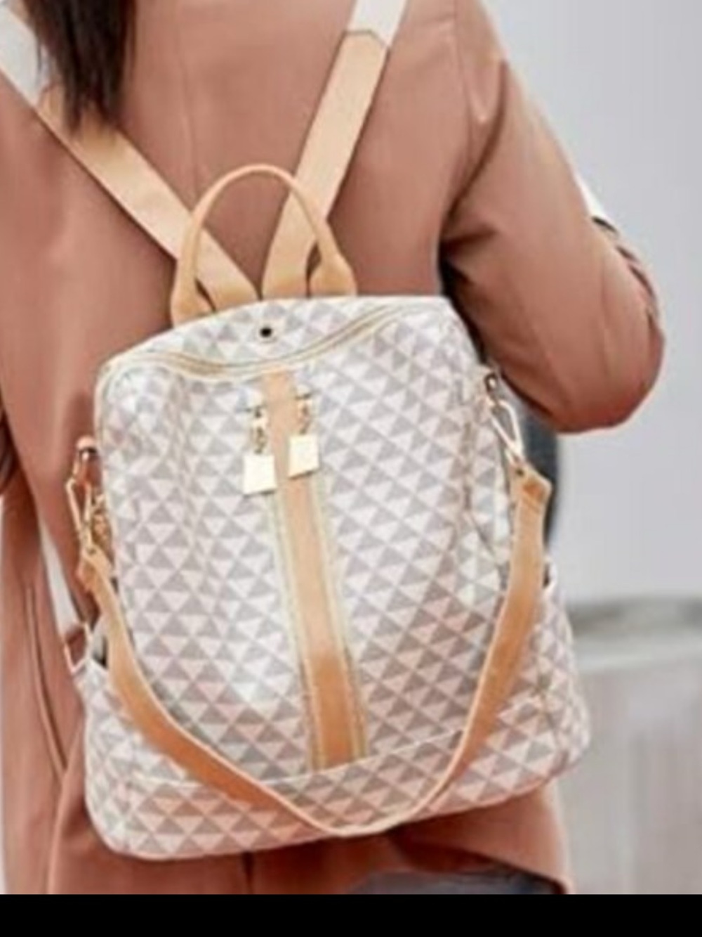 Geometric Patterned Beige Backpack